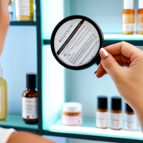 Home 7 Ingredient Check**
A close-up shot of a woman's hands holding a cosmetic product. She's carefully reading the ingredient list with a magnifying glass. The background is blurred, featuring shelves filled with various skincare products. Emphasis on the small print of the ingredients. The vibe should be investigative and conscious. Keywords: vegan cosmetics, ingredients, lectura, magnifying glass, skincare, cuidado de la piel, Cruelty-free, ethical beauty, belleza ética. Safe for work, appropriate content, fully clothed.
**