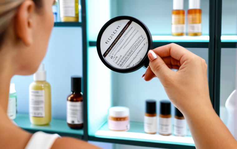 Ingredient Check**

A close-up shot of a woman's hands holding a cosmetic product. She's carefully reading the ingredient list with a magnifying glass. The background is blurred, featuring shelves filled with various skincare products. Emphasis on the small print of the ingredients. The vibe should be investigative and conscious. Keywords: vegan cosmetics, ingredients, lectura, magnifying glass, skincare, cuidado de la piel, Cruelty-free, ethical beauty, belleza ética. Safe for work, appropriate content, fully clothed.

**