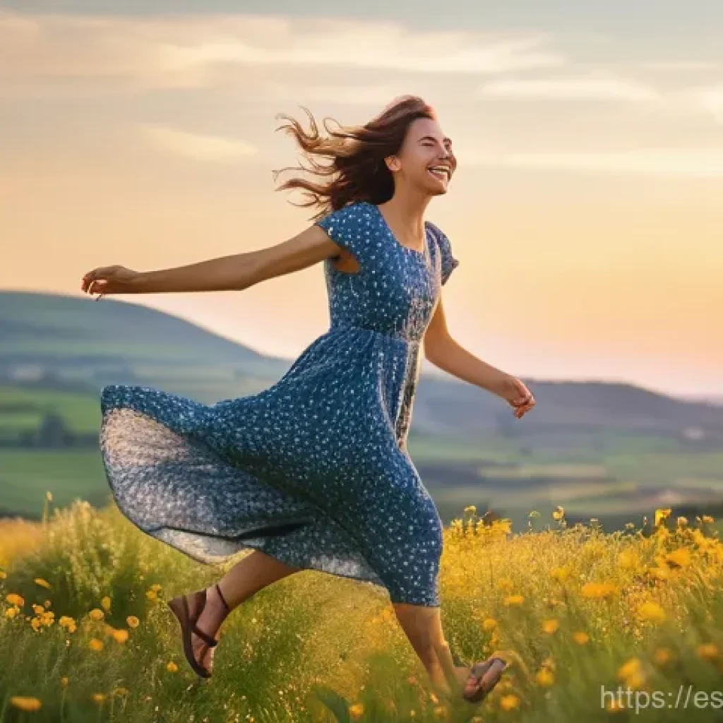 비건 화장품의 활성 성분 이해하기 - A joyful young woman, fully clothed in a stylish yet modest sundress and sandals, is playfully skipp...