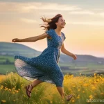 비건 화장품의 활성 성분 이해하기 - A joyful young woman, fully clothed in a stylish yet modest sundress and sandals, is playfully skipp...