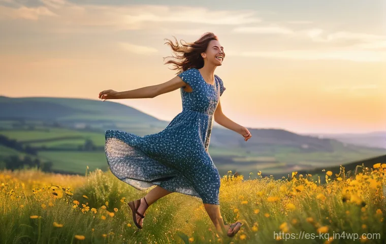 비건 화장품의 활성 성분 이해하기 - A joyful young woman, fully clothed in a stylish yet modest sundress and sandals, is playfully skipp...
