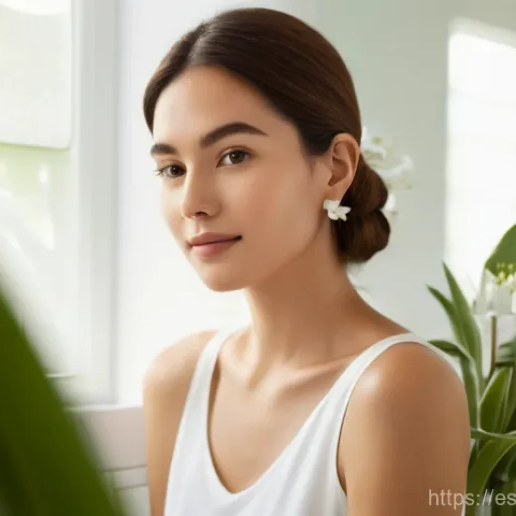 비건 화장품의 시장 점유율 분석 - **Prompt:** A serene and elegant woman in her late 20s, with radiant, healthy skin, gently applying ...