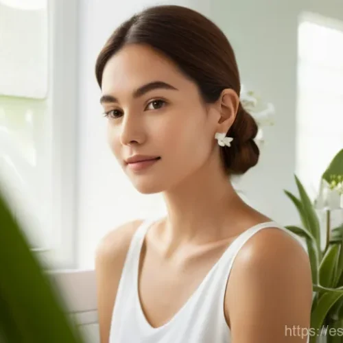 비건 화장품의 시장 점유율 분석 - **Prompt:** A serene and elegant woman in her late 20s, with radiant, healthy skin, gently applying ...