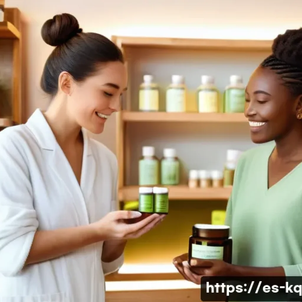 비건 화장품으로 피부 재생하기 - A serene spa scene showcasing a diverse group of women with glowing, healthy skin applying vegan ski...