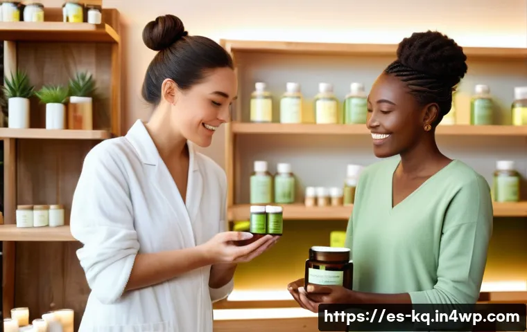 비건 화장품으로 피부 재생하기 - A serene spa scene showcasing a diverse group of women with glowing, healthy skin applying vegan ski...
