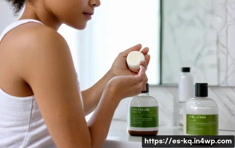 비건 화장품으로 인한 알레르기 대처법 - A detailed close-up portrait of a young woman with sensitive skin applying a vegan cosmetic cream, w...