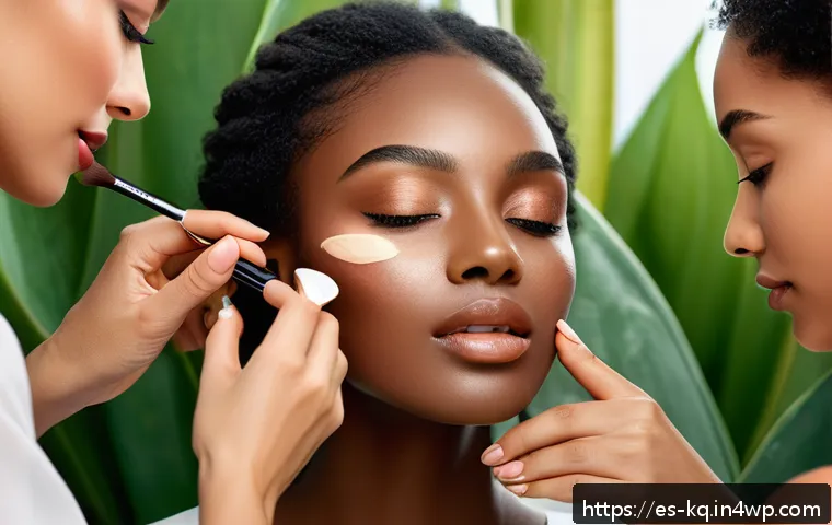 비건 화장품의 미래 비전 - A close-up image of a diverse group of women with natural, glowing skin applying vegan makeup produc...