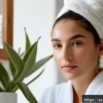 Home 18 비건 화장품의 사용으로 인한 피드백 - A serene close-up portrait of a young Hispanic woman with glowing, smooth skin, gently applying a ve...